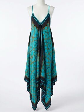 Michael Kors Chain Scarf Print Handkerchief Maxi Dress Turquoise Blue L/XL